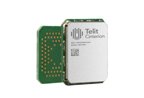 Rectangular Telit Cinterion electronic module with green circuit board and metal casing, photographed on a white background.