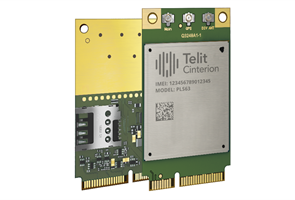 Two green and yellow Telit Cinterion electronic modules with circuit components and gold edge connectors.