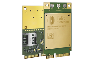 Two Telit Cinterion circuit boards, one showing electronic components and SIM slot, the other displaying the model name, IMEI number, and gold-colored cover.