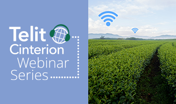 Split image: Left side shows "Telit Cinterion Webinar Series" text with a globe and headphones icon; right side displays a green field with two blue Wi-Fi symbols, highlighting IoT-enabled smart meters transforming connectivity.