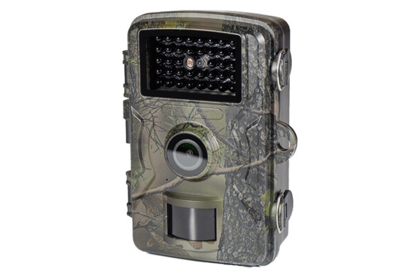 A camouflaged trail camera with a lens, infrared sensor and LED lights, designed for outdoor wildlife monitoring and surveillance.