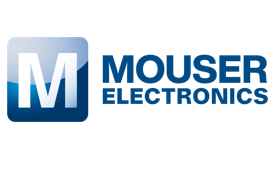 The image shows the Mouser Electronics logo with a large white "M" in a blue square next to the text "Mouser Electronics" in blue capital letters.