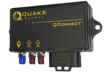 Black QConnect device from Quake Global with Antenna Company logo, indicator icons, and three colored ports at the bottom.