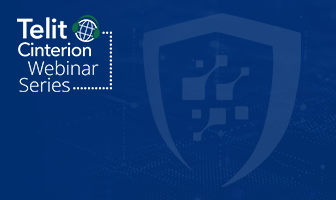 Telit Cinterion Webinar Series logo on a blue background with a shield icon and digital network graphics.