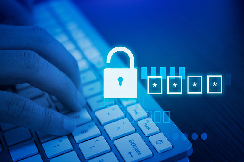 A hand typing on a keyboard with a digital padlock icon and a password entry field overlay, symbolizing cybersecurity or password protection.