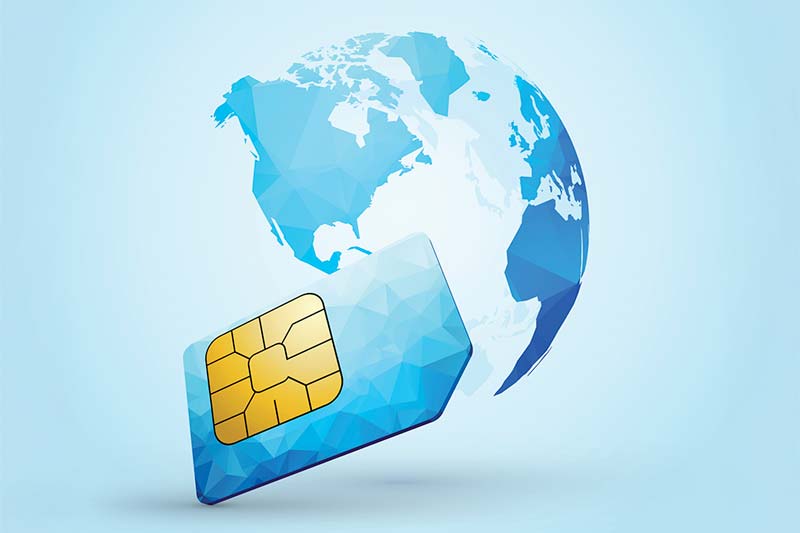 Illustration of a SIM card in front of a semi-transparent globe, suggesting global IoT connectivity or international mobile communication provided by NExT SIM Essential and SIM Extended.