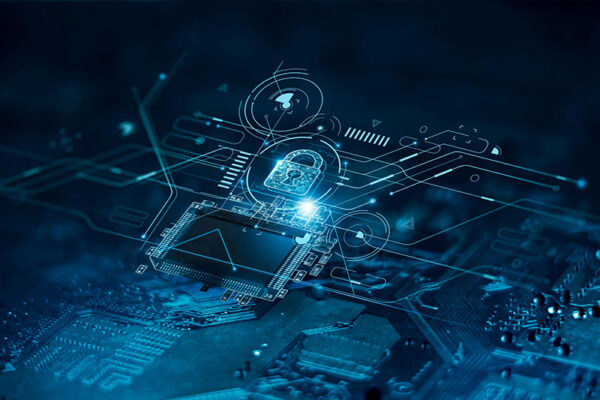 A digital illustration of a computer microchip overlaid with graphics of a lock and circuit lines, symbolizing IoT security and data protection.