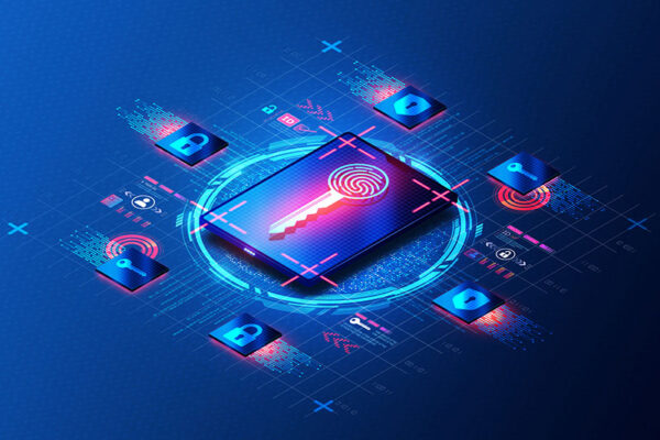 A digital illustration of a key surrounded by locks and security icons, representing IoT security and data protection.