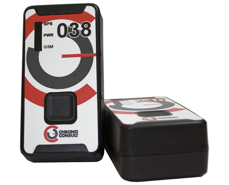 Two black and white electronic devices labeled "Chrono Consult" with indicator lights for GPS, power, and GSM, and the number 038 on the front panel.