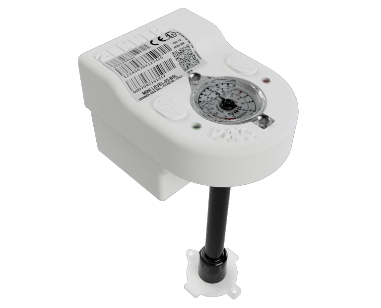 A white electronic timer or actuator device with a rotary dial, barcode sticker, and a black rod extending from the bottom, photographed on a white background.