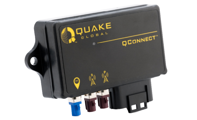 A black electronic device labeled "Quake Global QConnect" with three color-coded connectors and icon markings on its front panel.