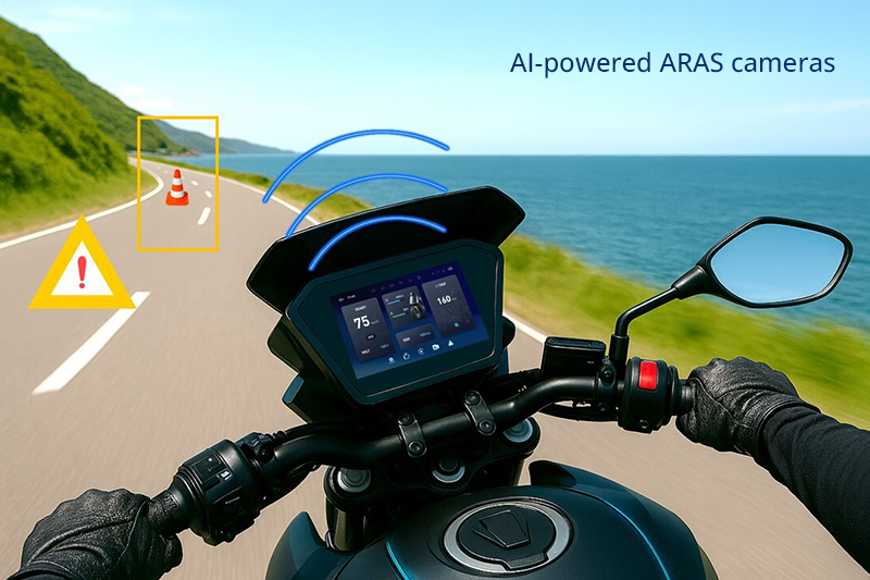 Simulation of a motorcyclist rides along a coastal road with dashboard display active; digital overlays highlight road hazards and AI-powered ARAS camera features.