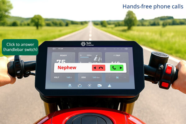 Close-up of a motorcycle’s digital dashboard screen displaying an incoming hands-free phone call from “Nephew,” with options to answer or decline and instructional icons.