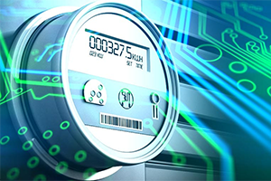 A digital electricity meter displays a reading, overlaid with transparent circuit patterns representing smart technology integration.