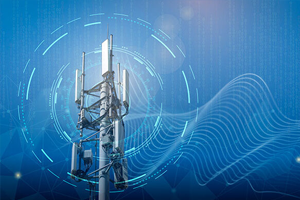 A telecommunications tower stands against a blue digital background with abstract circular and wave patterns symbolizing wireless signal transmission.