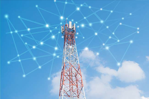 A communication tower extends into the sky with digital network lines and nodes illustrated above it, symbolizing wireless connectivity.