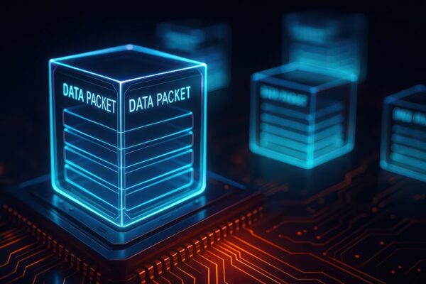A digital illustration shows glowing cubes labeled “Data Packet.” Glowing red lines surround the cubes. They represent network packets set by the maximum transmission unit.