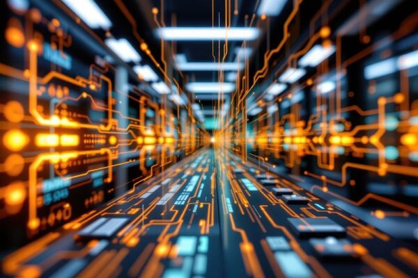 Glowing orange circuit lines over blurred hardware and lights represent digital data flow.
