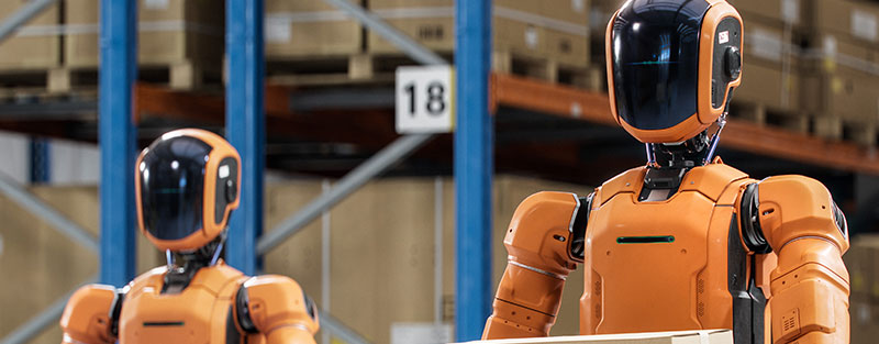 Autonomous AI-powered humanoid robots working at a distribution center.