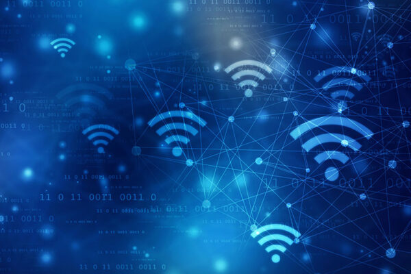 Wi-Fi symbols on a blue background are connected by lines and dots, representing wireless networking and data communication.