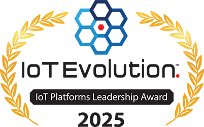 IoT Evolution IoT Platforms Leadership Award 2025 logo with a hexagon design and gold laurel wreaths on both sides.