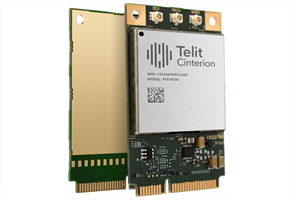 Two Telit Cinterion wireless communication modules with exposed circuit boards and gold connector pins, positioned upright and overlapping.