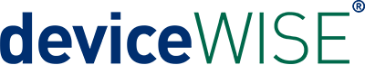 The image shows the deviceWISE logo with "device" in blue and "WISE" in green, with a registered trademark symbol.