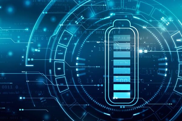 A digital illustration of a battery surrounded by circles and binary code.