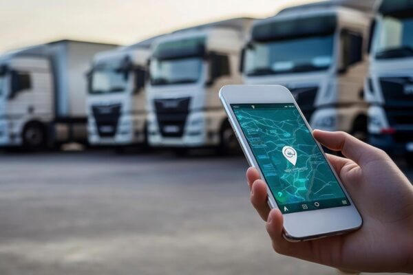 A person holds a smartphone displaying a map with a location pin. Several white trucks are parked in the background.