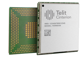 Two Telit Cinterion microchips are shown; one displays identification details and a QR code, while the other side reveals an array of gold contact points.