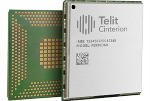 Two Telit Cinterion microchips, one showing the circuit side and the other displaying the brand, model number FE990D60, IMEI, and a QR code on the metal casing.