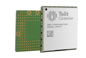 Two Telit Cinterion L91B01T electronic modules are shown, with one displaying its metallic label and the other revealing its green circuit board with gold contact points.