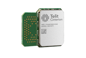 A Telit Cinterion electronic module with visible circuit board and model number ME310G1 printed on the metal casing.
