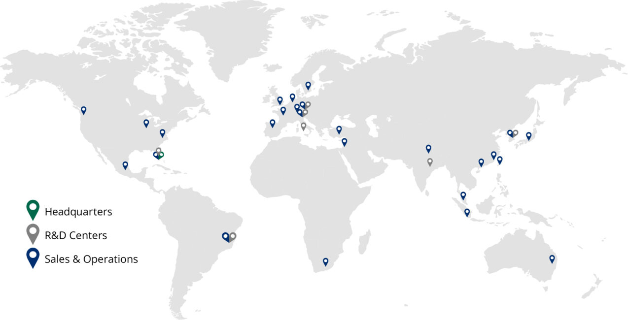 A world map showing locations of company headquarters, R&D centers, and sales & operations sites, marked by green, grey, and blue pins respectively.