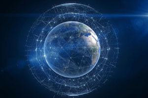 A digital rendering of Earth surrounded by a network of interconnected lines and bright nodes, representing global communication or connectivity.