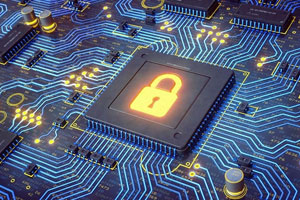 Close-up of a computer circuit board with a glowing padlock icon on a central chip, symbolizing cybersecurity and data protection.