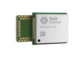 A Telit Cinterion electronic module with a metallic shield and exposed circuit board, featuring a QR code and model number on the front.