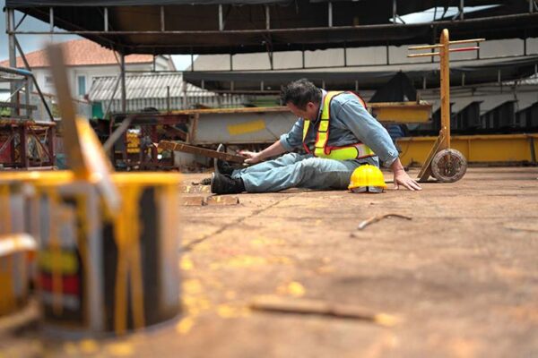 A construction worker sits on the ground at a construction site, a yellow hard hat beside him, as if he had fallen.