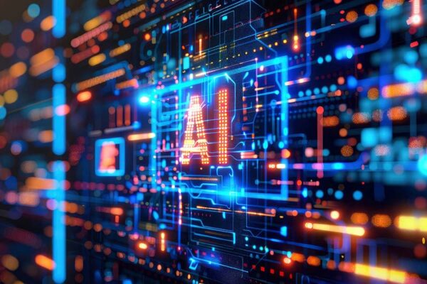 Glowing neon letters spell out “AI” on a digital circuit board, symbolizing artificial intelligence and advanced technology.