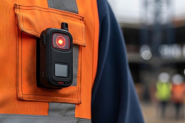 A close-up of a body camera with a red light attached to the chest pocket of a person wearing an orange safety vest at a construction site.