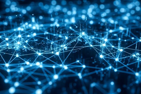 A digital network visualization with glowing blue nodes connected by lines, representing data connections or a neural network on a dark background.
