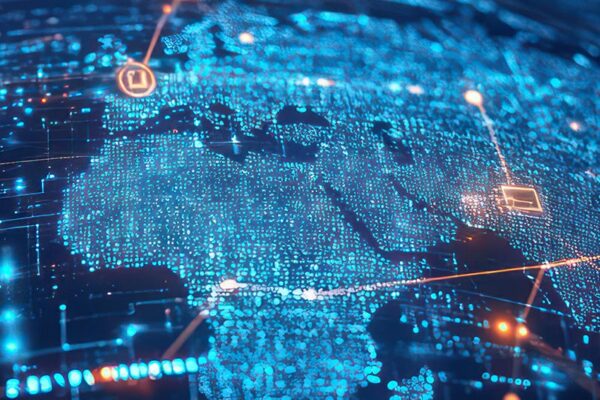 Digital map of Europe, North Africa, and the Middle East with glowing blue data points and network connections overlayed, representing global digital connectivity.