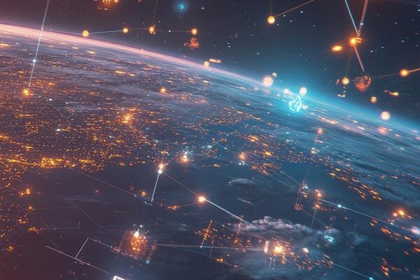 A view of Earth from space with bright lights and digital connections overlaying the surface, suggesting global communication or network technology.