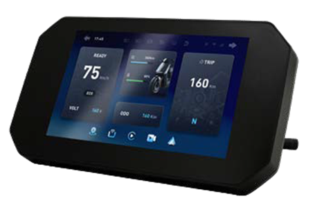 A digital dashboard display shows speed at 75 km/h, battery status, range of 160 km, and other electric vehicle metrics on a blue interface.