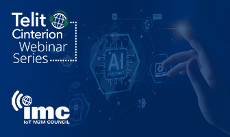 A hand interacts with a digital interface featuring AI graphics, with Telit Cinterion Webinar Series and IMC IoT M2M Council logos on a blue background.