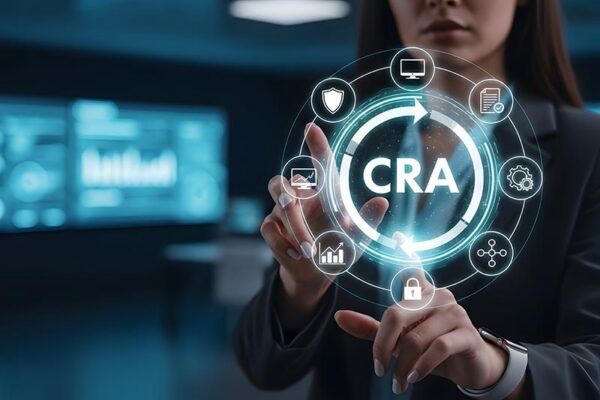 A person interacts with a transparent digital interface displaying the acronym "CRA" and various technology-related icons in a modern office setting.