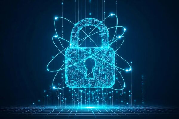 A glowing digital padlock with circuitry and orbiting lines symbolizes cybersecurity and data protection on a dark background.