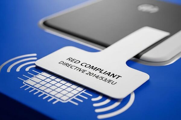 Close-up of a label reading "RED COMPLIANT DIRECTIVE 2014/53/EU" on a blue surface with a wireless symbol and part of an electronic device visible.