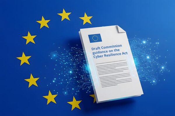 A stack of papers labeled "Draft Commission guidance on the Cyber Resilience Act" lies on a digital background with the EU flag and yellow stars.