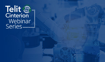 Blue graphic with text "Telit Cinterion Webinar Series" alongside an image of industrial robotic machinery and data graphics in the background.
